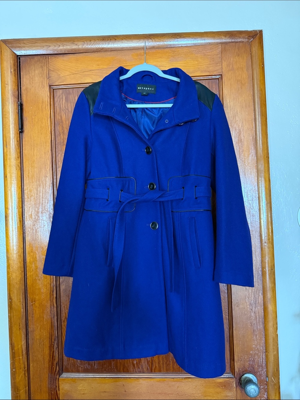 Metaphor Royal Blue Trench Coat with Black Shoulder Accents